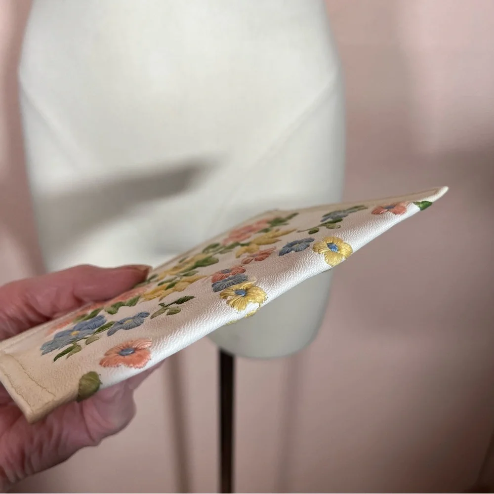 Vintage 40 50 Retro white Leather Pastel embroidered Cottagecore Clutch mini Bag - Picture 7 of 16